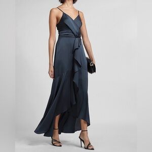 Express Satin Ruffle Wrap Front Dress